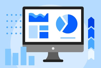 An illustration of a computer monitor displaying various blue data visuals, including a pie chart, a wave chart, and small grid-style blocks. Surrounding the monitor are decorative bar graphs and arrow icons in shades of blue on a light blue background.