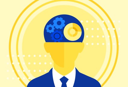 Illustration of a person in a suit with their head shown as a blue circle containing gears and a circular chart, symbolizing thinking and analysis, set against a yellow background with concentric circles and dotted patterns.
