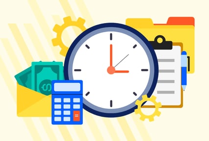 An illustrated graphic with a clock, cash money, a clipboard, a calculator and gear icons