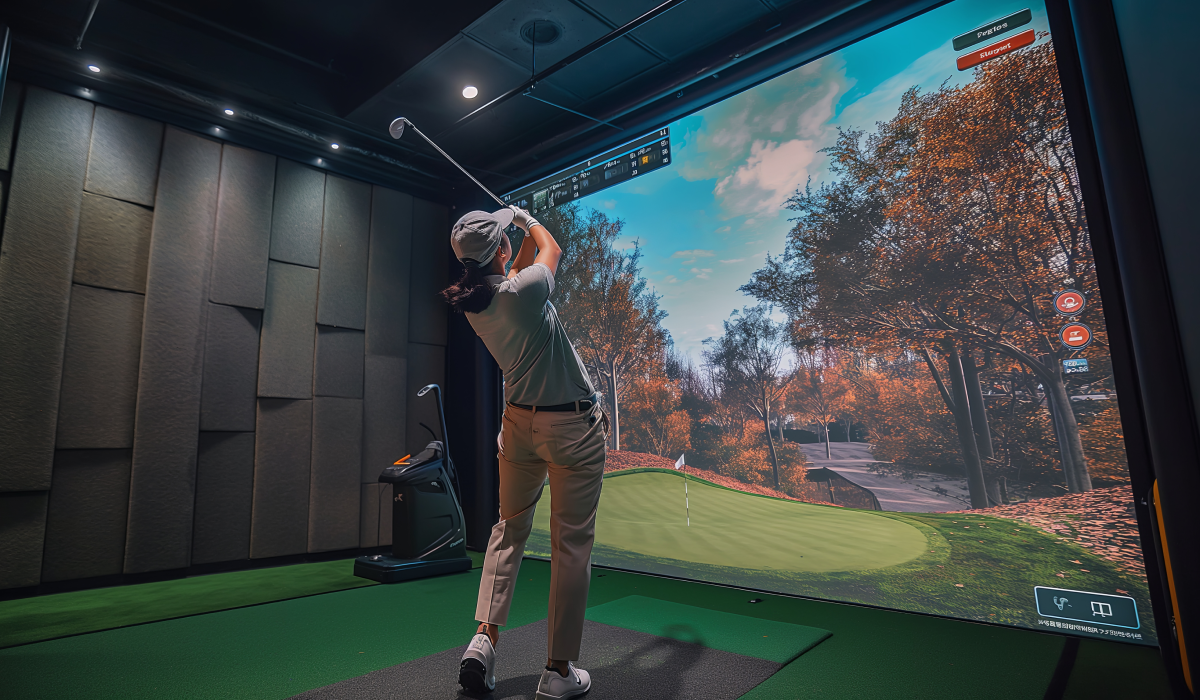 A person swinging a golf club at a simulated screen