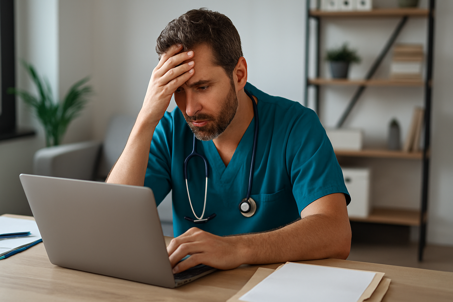 A healthcare professional sits in quiet reflection near a window, symbolizing the emotional toll of burnout and the uncertainty following layoffs in the medical industry.