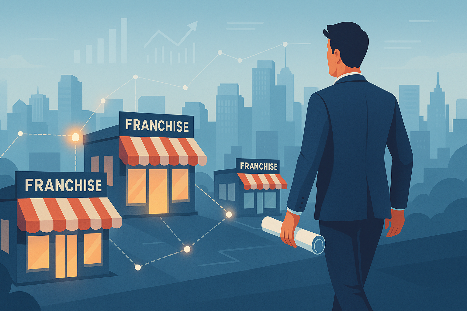 Illustrated graphic with a man walking toward buildings