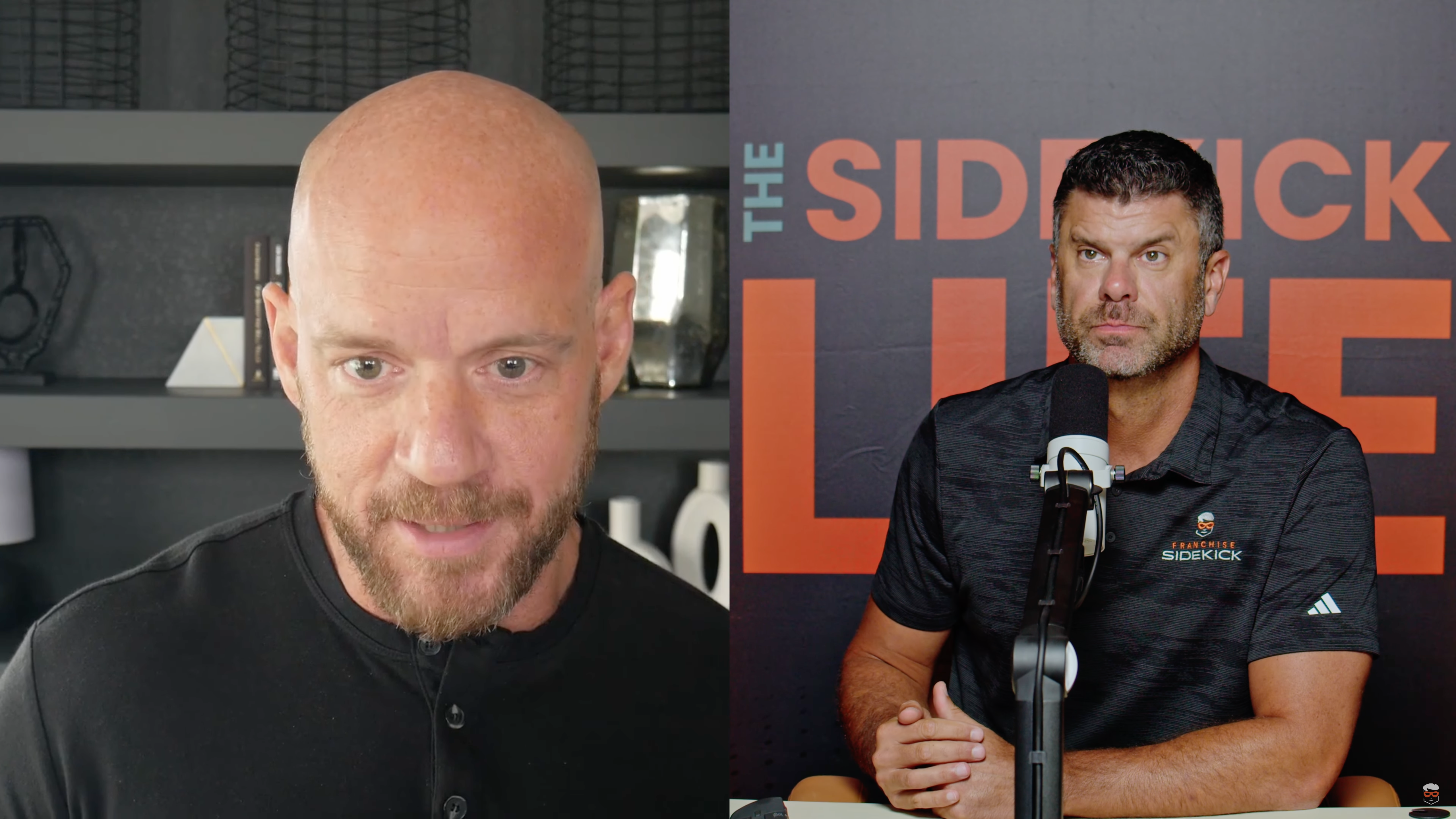 A split screen photo of Tyler and Ryan recording 