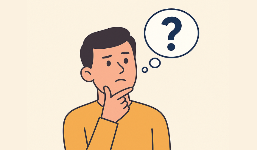 An illustrated man with a question mark inside a thought bubble 