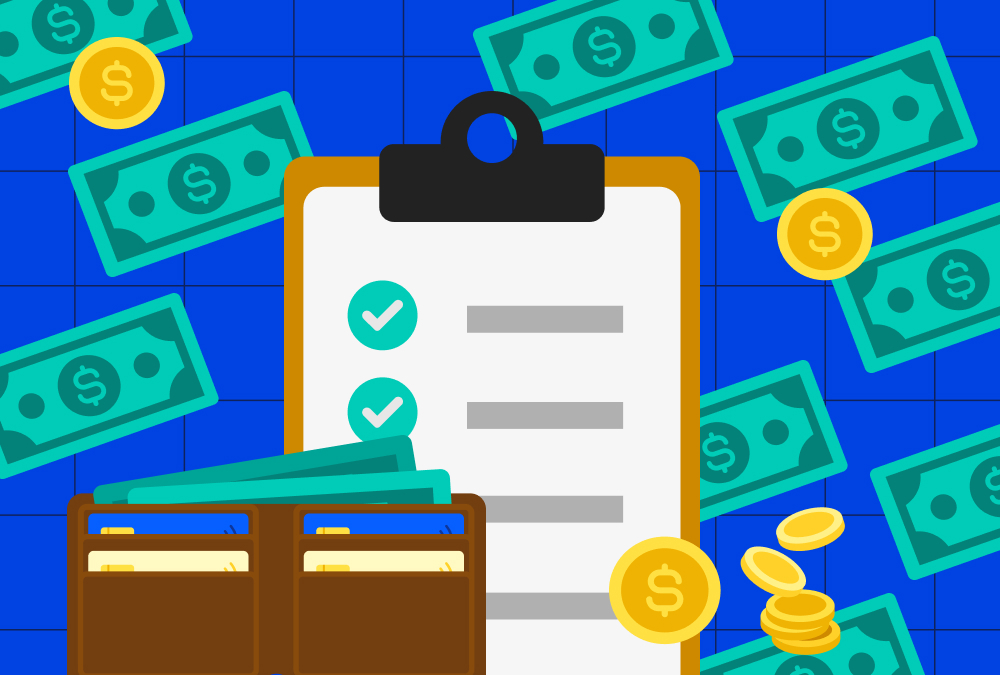 Illustration of a checklist on a clipboard surrounded by dollar bills, coins, and an open wallet, symbolizing financial planning and money management.