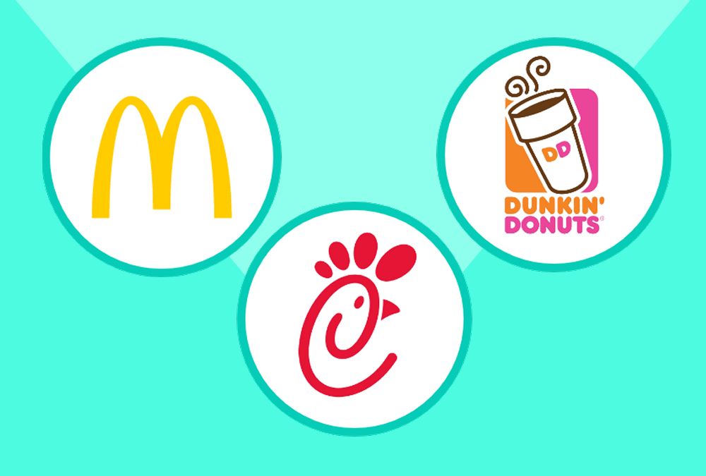 Logos of McDonald’s, Chick-fil-A, and Dunkin’ Donuts displayed inside circles on a teal background.