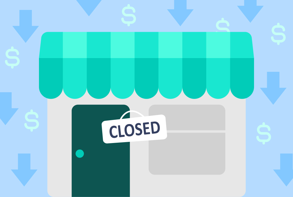 An illustration of a small storefront with a teal striped awning and a “CLOSED” sign hanging on the door. Blue downward-pointing arrows and dollar signs surround the building, symbolizing financial decline.